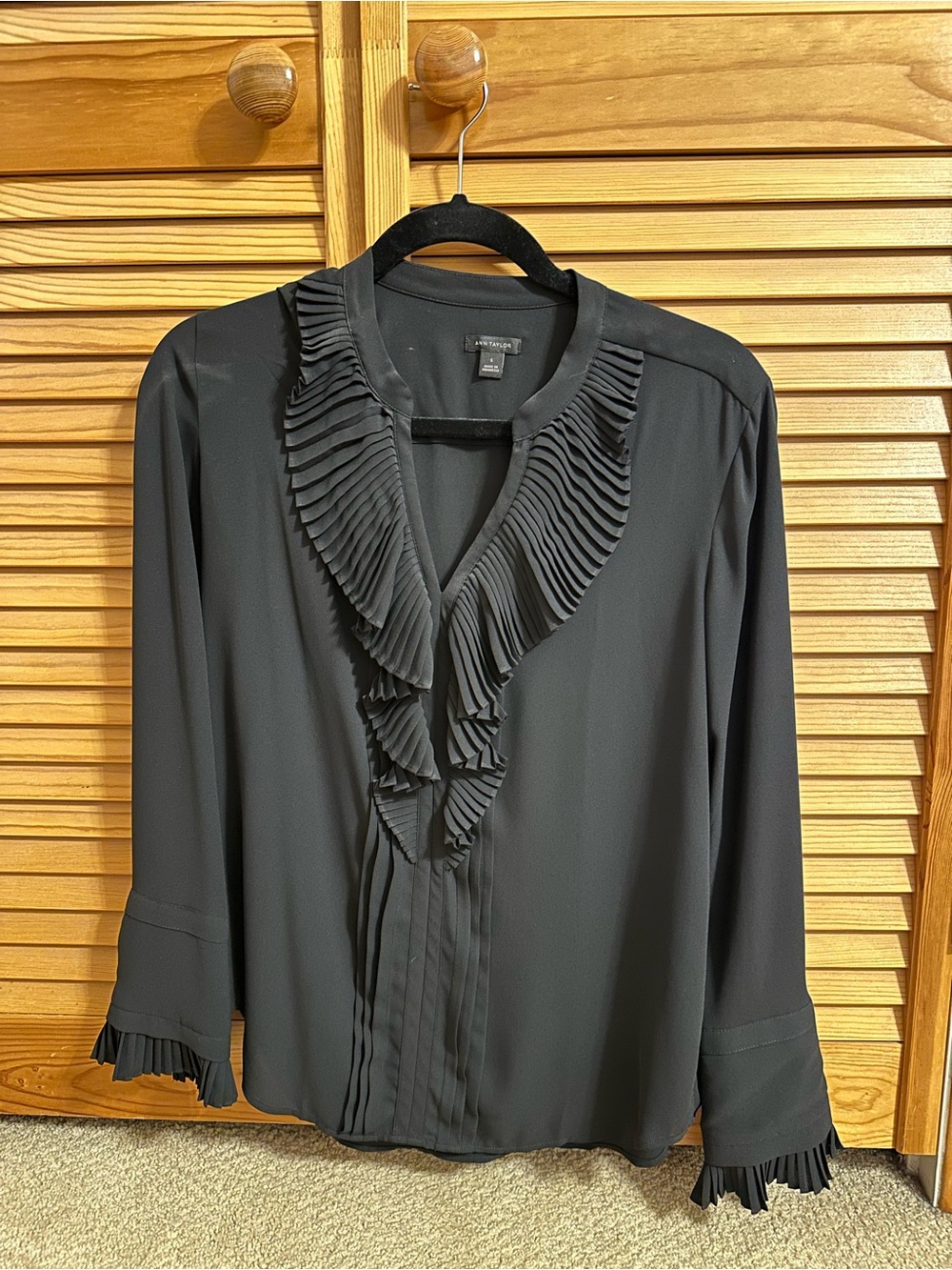 Ann Taylor Black Pleated Ruffle Front Blouse